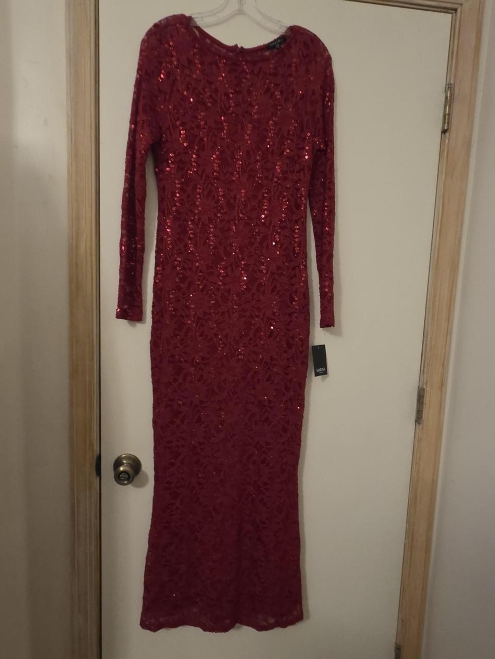 Marina Elegant Red Sequin Long Sleeve Maxi Dress